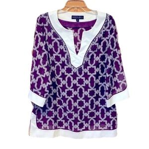 Lafayette 148 Size 10 Purple White 3/4 Sleeve Semi Sheer Women’s Tunic Beaded